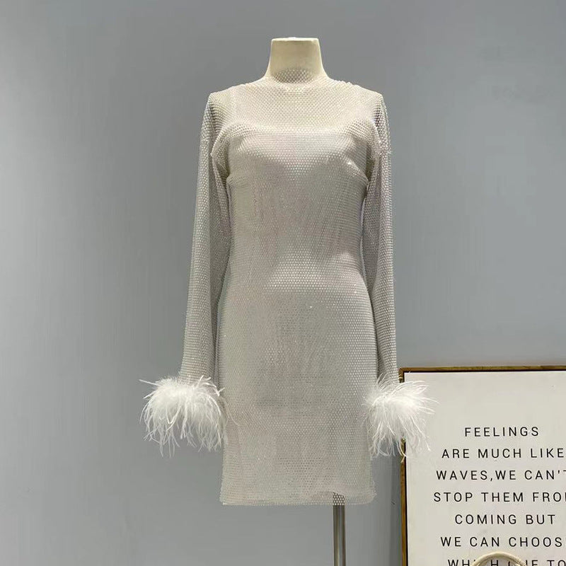 Fashion Luxury Hollow Mesh Ostrich Feather Slimming Bottoming Dresses