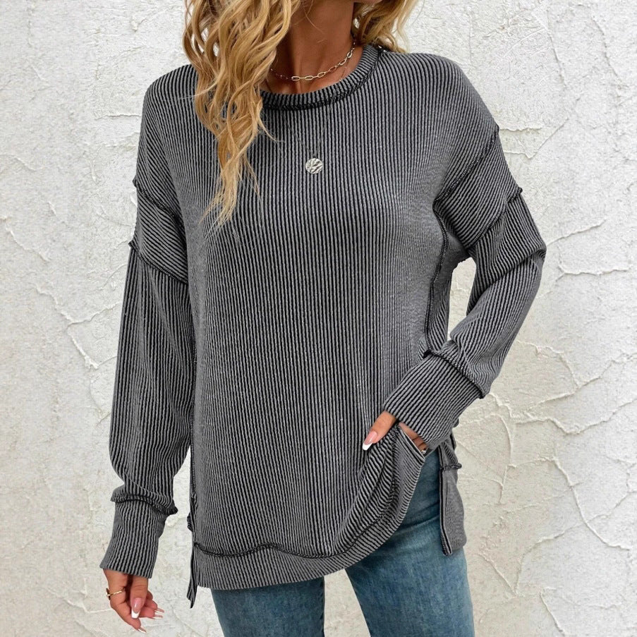 Women's Twist Strip Split Long Sleeve Loose Women's Sweater, Sweater