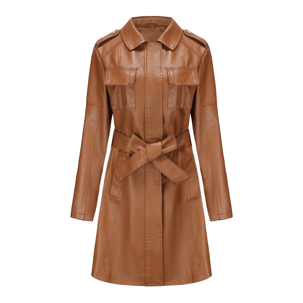 Women's Mid-length Leather Including Belt Long Sleeve Wind Fashion Jackets