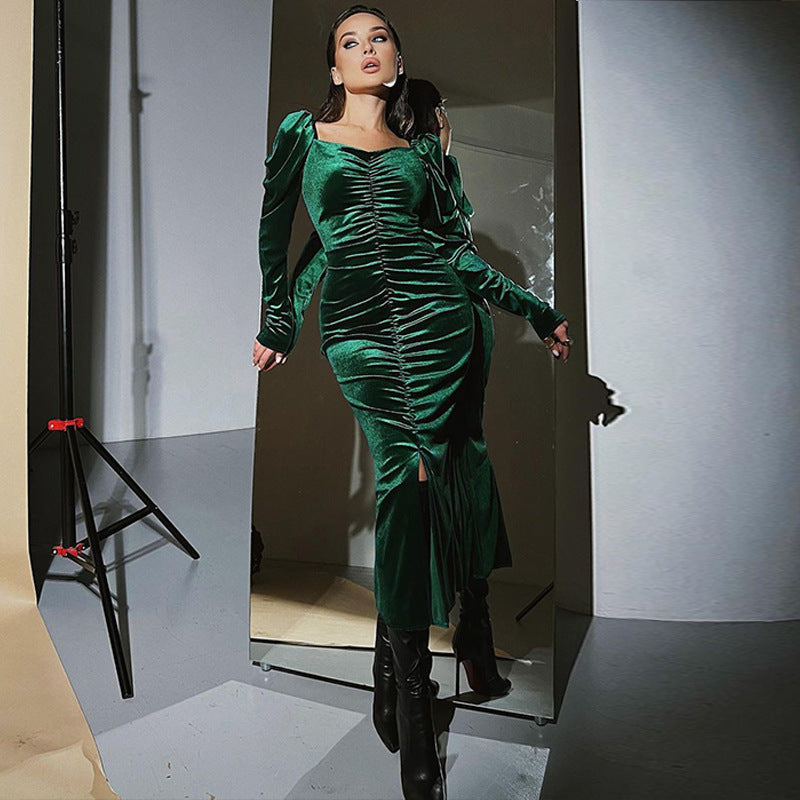 Women's Autumn Fashionable Elegant Pleated Slim Fit Slit Dress