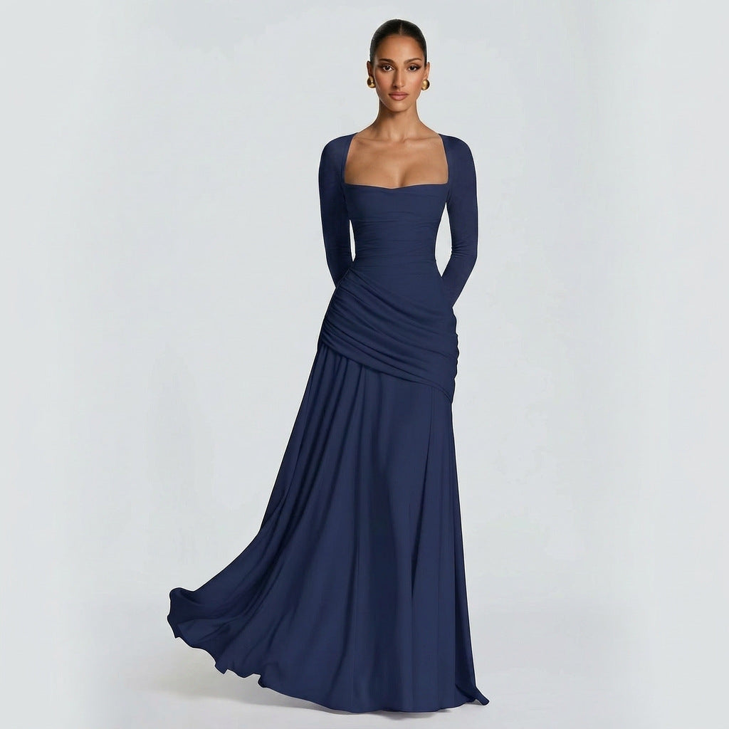 Women's Temperament Pure Color Square Collar Pleated Waist Tight Formal Dress