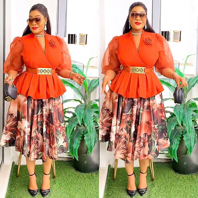 Women's African Wear Chiffon Two-piece Printed Dress Suits