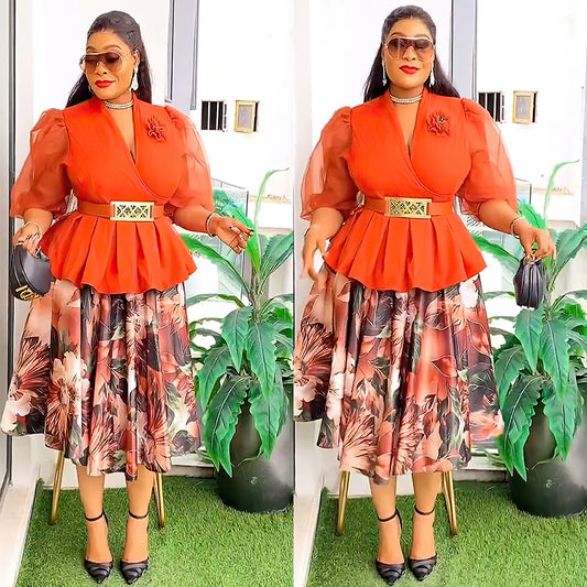 Women's African Wear Chiffon Two-piece Printed Dress Suits