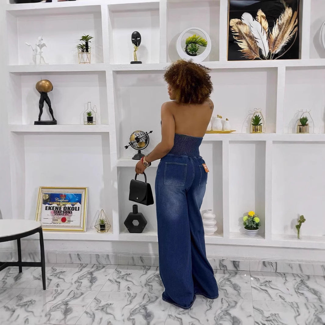 Women's Summer Lapel Halter Single-breasted Backless Denim Women's Jumpsuit/clothing