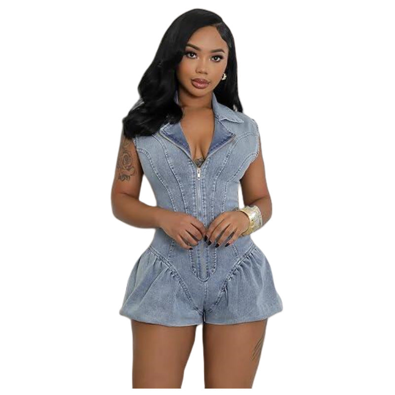 Graceful Popular Denim Sleeveless Stretch Lantern Jumpsuits