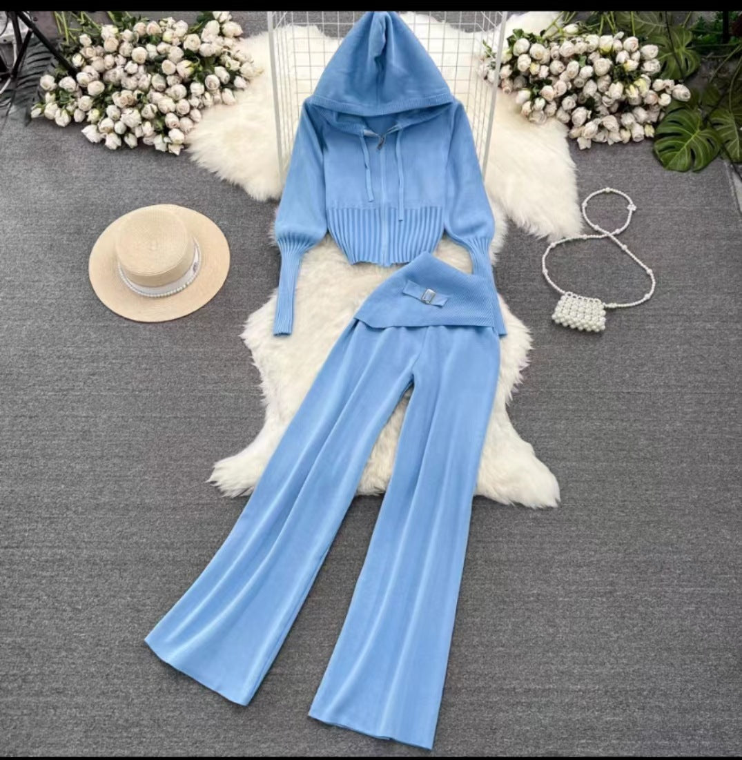 Women's Zipper Slim Fit Knitted Hooded Two-piece Set Suits