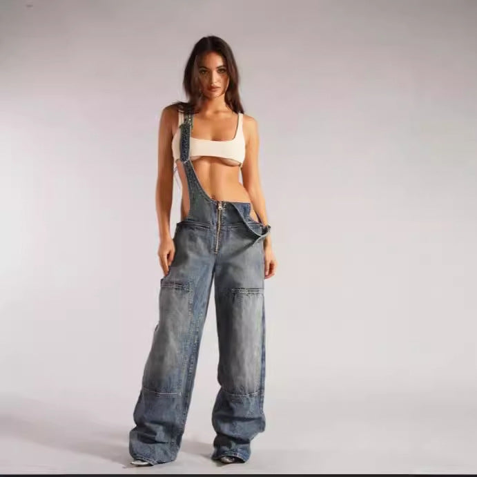 Women's Sexy Suspender Solid Color Sleeveless Sling Denim Zipper Jumpsuits