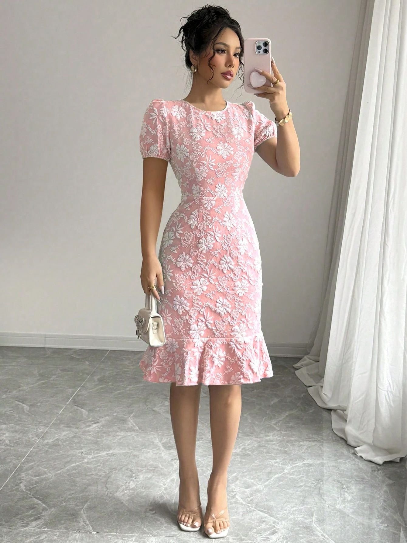 Women's Summer Bubble Sleeve Texture Jacquard Round Neck Retro Dress
