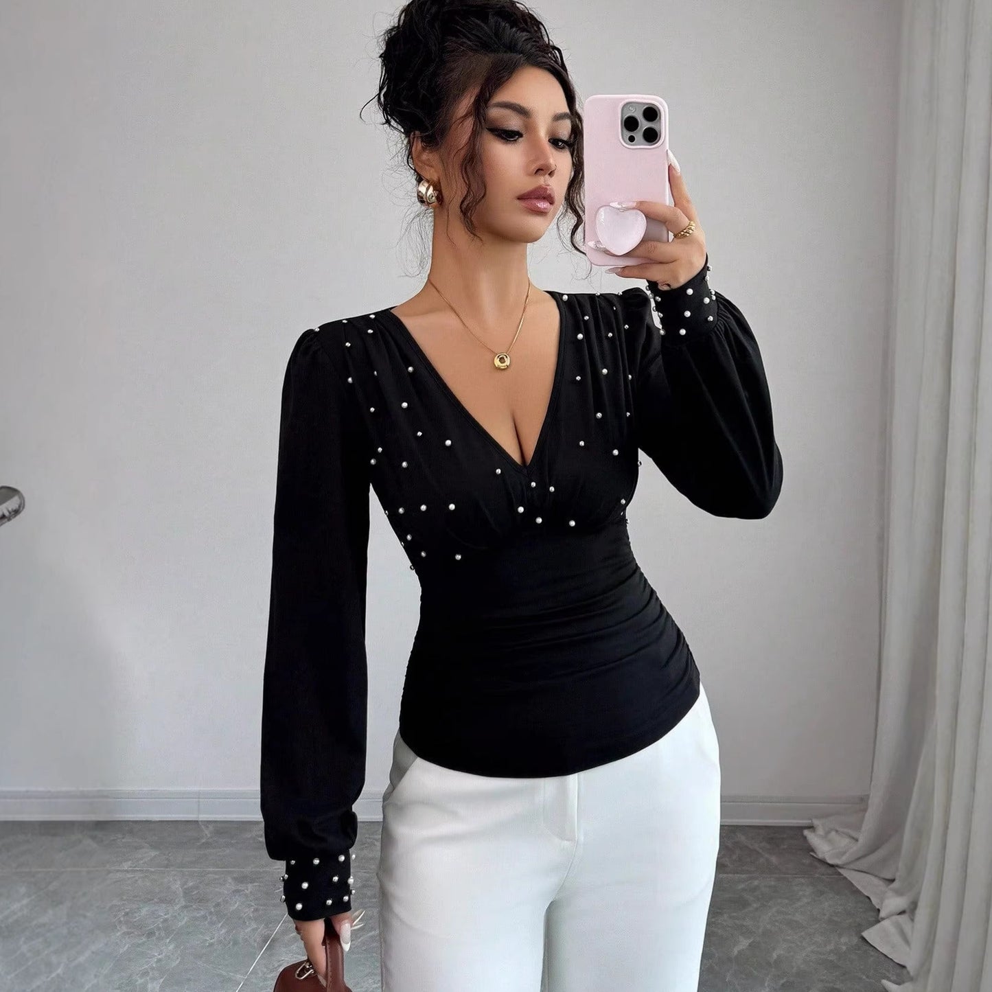 Color Fashion Sexy Long Sleeve Pearl Women's T-shirt