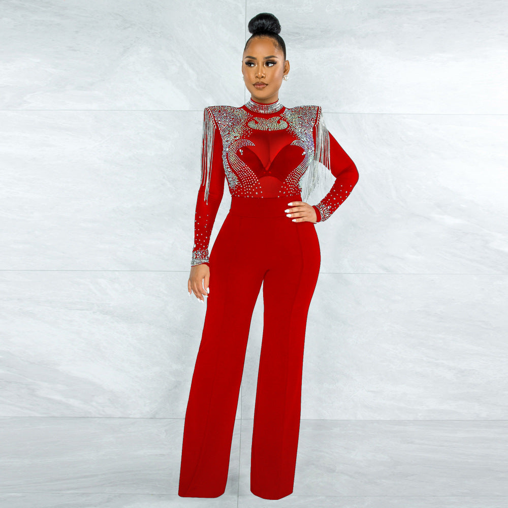 Rhinestone Tassel Shoulder Cotton Polyester Mesh Jumpsuits