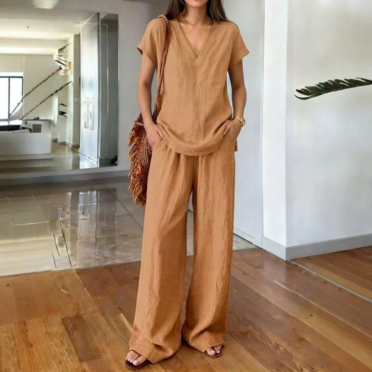 Women's Breathable Loose Slimming Solid Color Short-sleeved Trousers Pants
