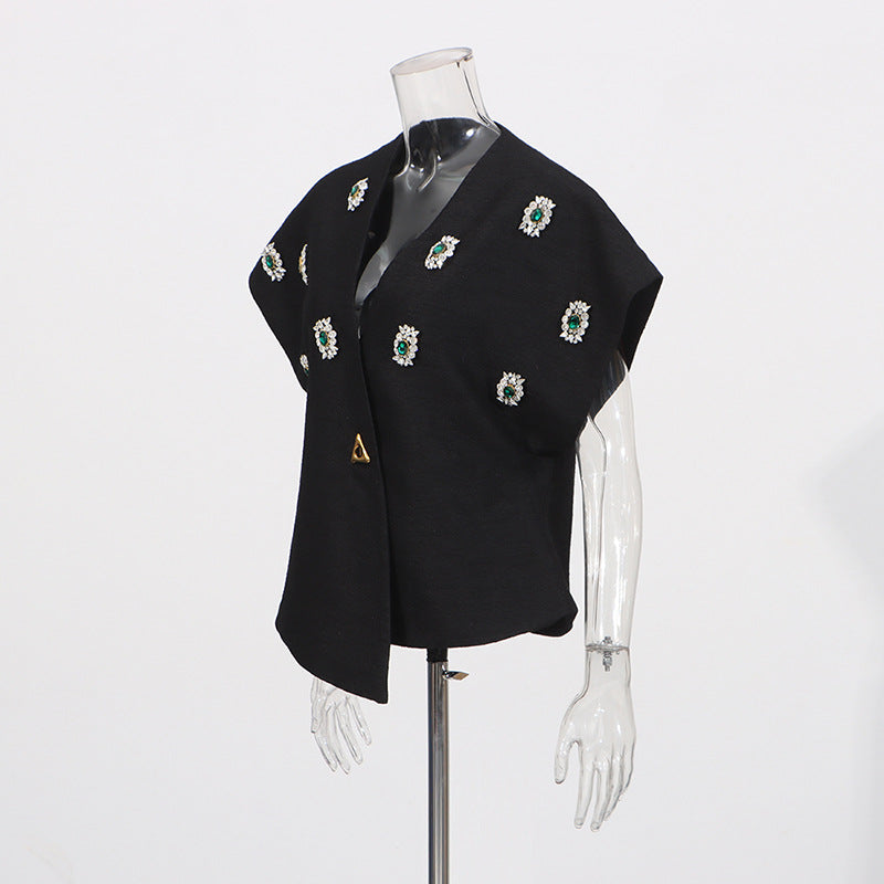 Women's French Style Autumn Diamond Asymmetric Sleeveless Coats