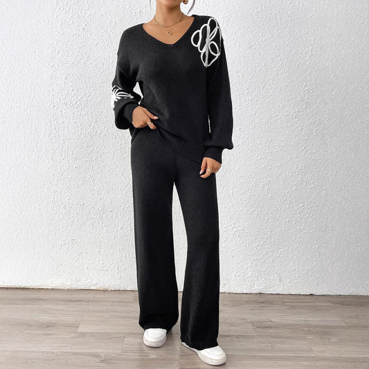 Women's Casual Flower Embroidered Ribbon Two-piece Set Sweaters