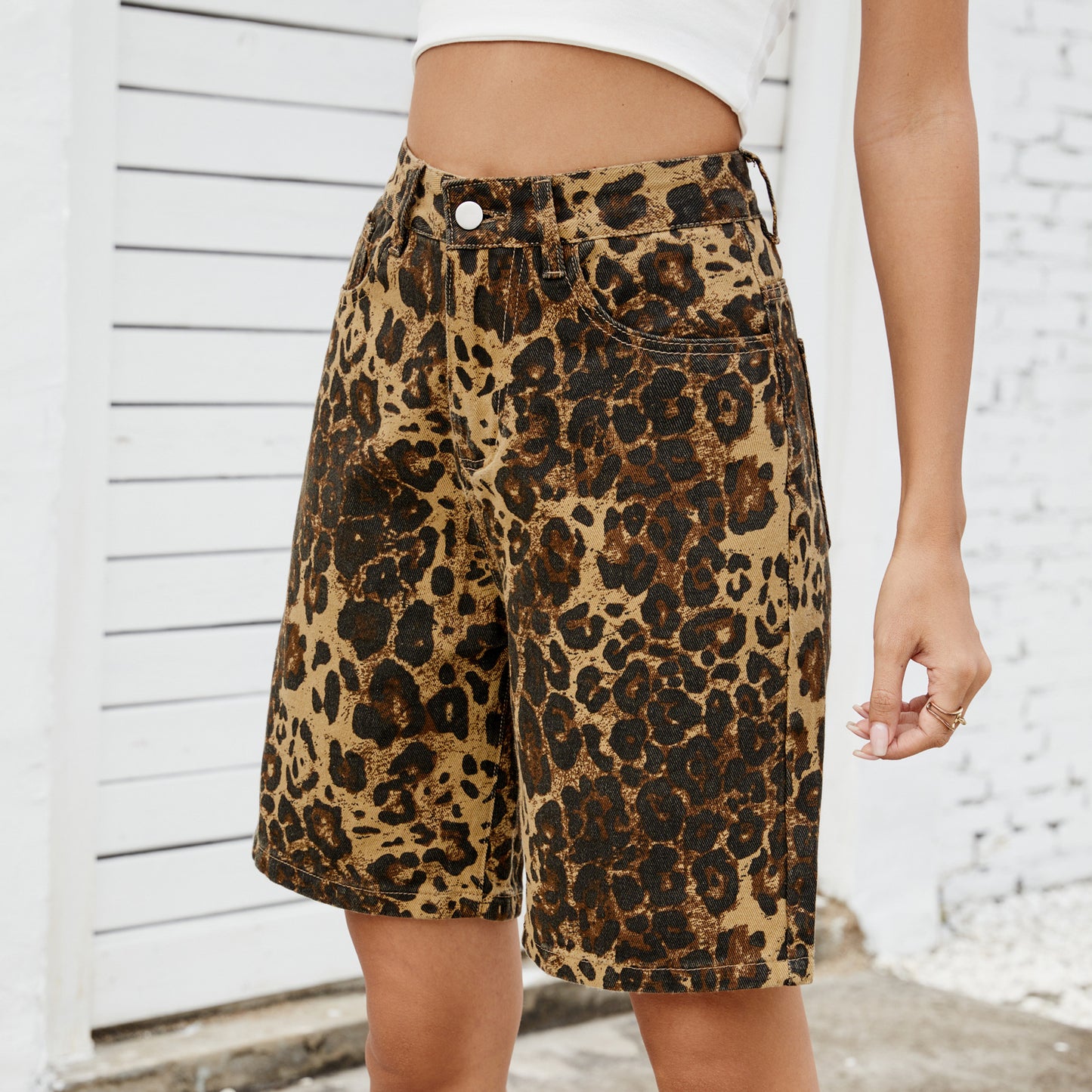 Summer Washed Casual Retro Leopard Print Shorts