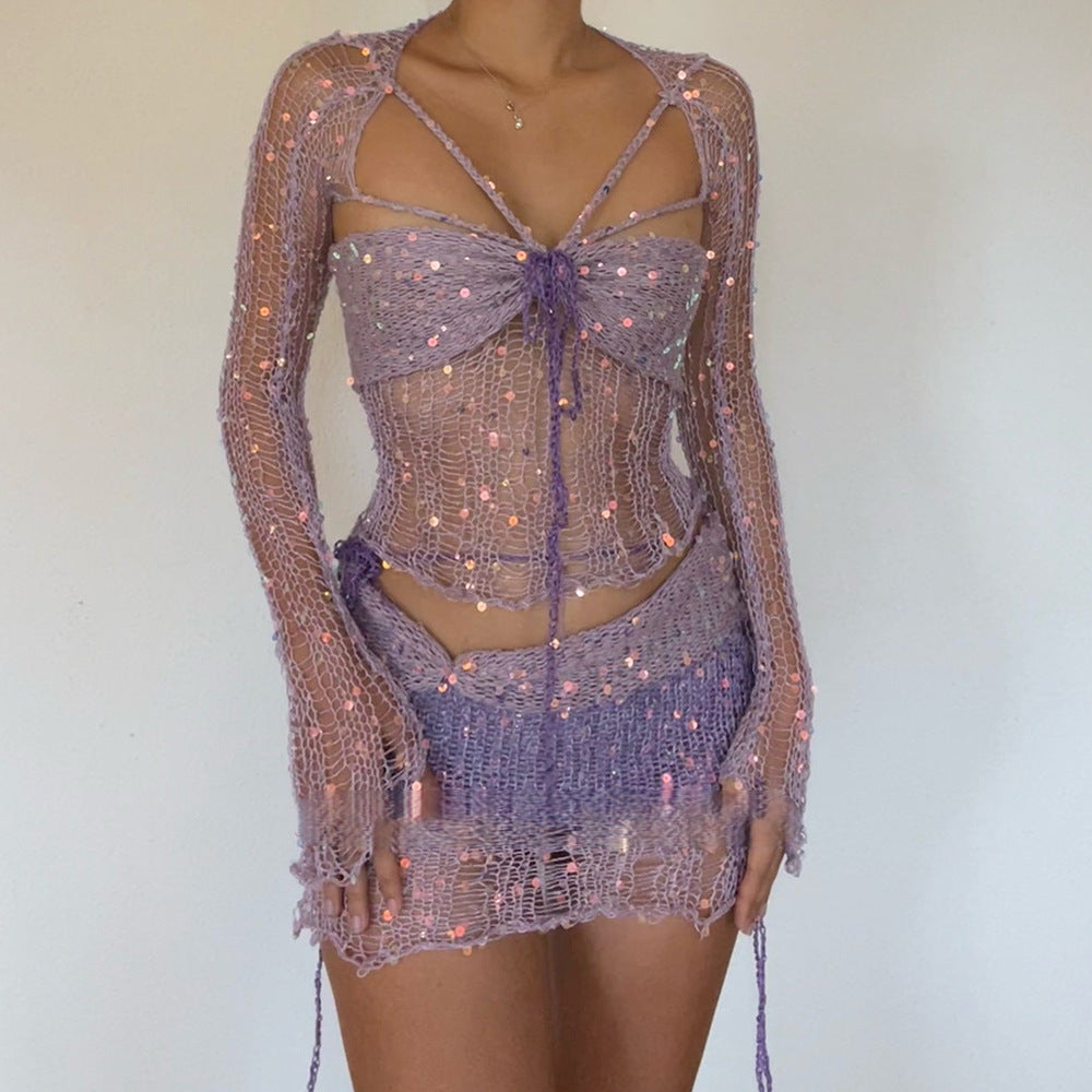 Comfortable Creative Women's Sequin Knitted Three-piece Fashion Casual Suit
