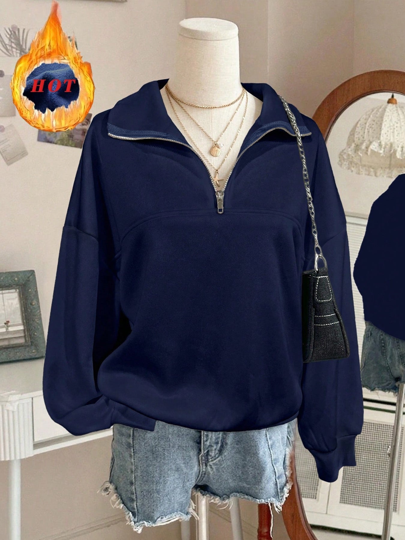 Back To School Casual Long Sleeve Lapel Half Loose Women's Sweater, Sweater