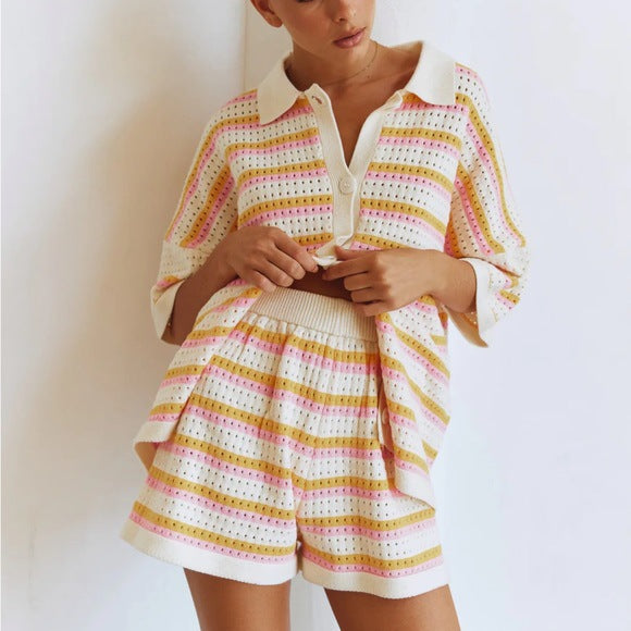 Women's Fashion Polo Collar Sleeve Striped Knitted Single-breasted High Waist Suits