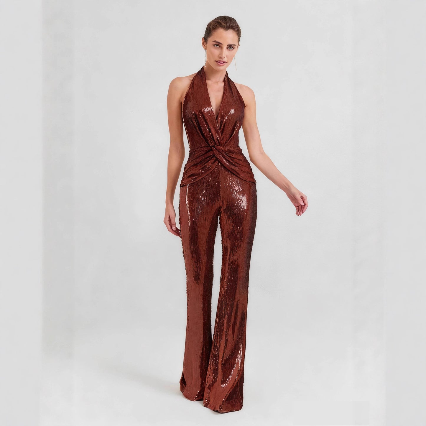 Women's Sequined Halter Sexy Deep Twisted High Jumpsuits