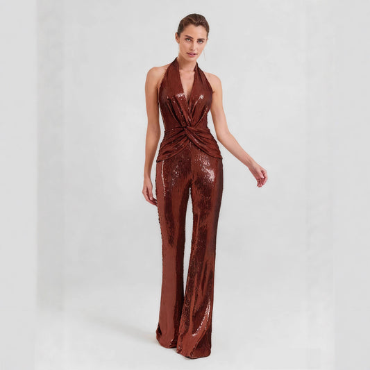 Women's Sequined Halter Sexy Deep Twisted High Jumpsuits