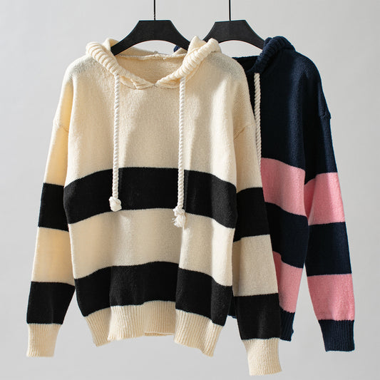 Women's Loose Contrast Color Striped Hooded Pullover Knitwear