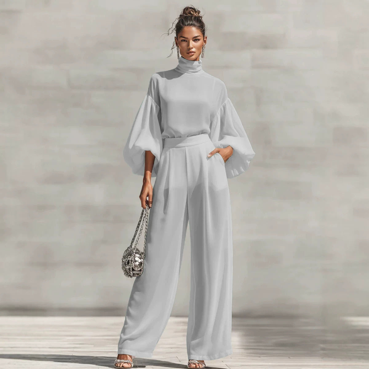 Color Stand Collar Bubble Long Sleeve High Waist Draping Wide Fashion Casual Suit