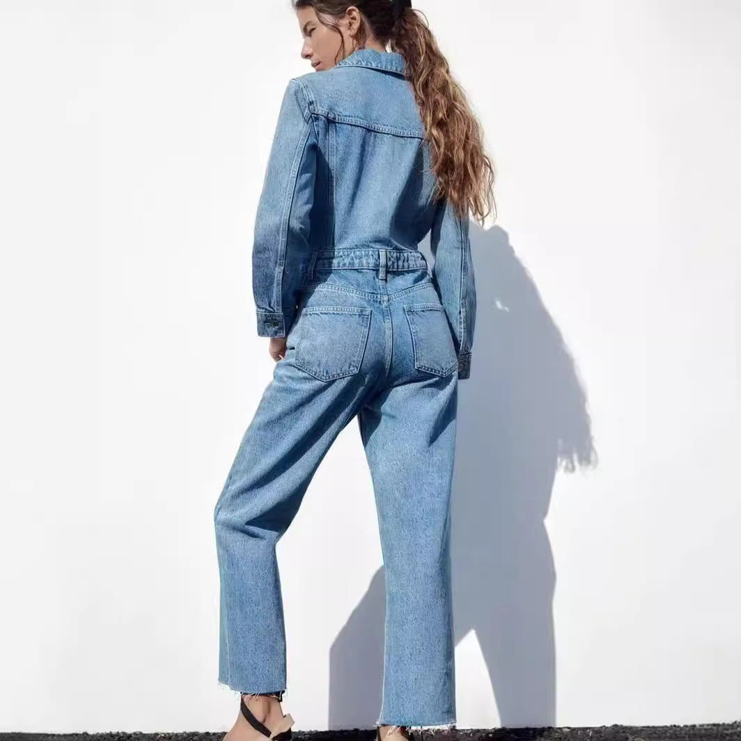 Women's Collar Pocket Decorative Waist Denim Trousers Pants