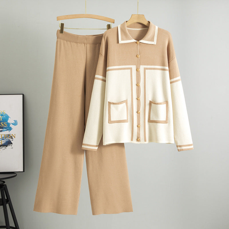 Women's Lapel Contrast Color Set Loose Knitted Fashion Casual Suit