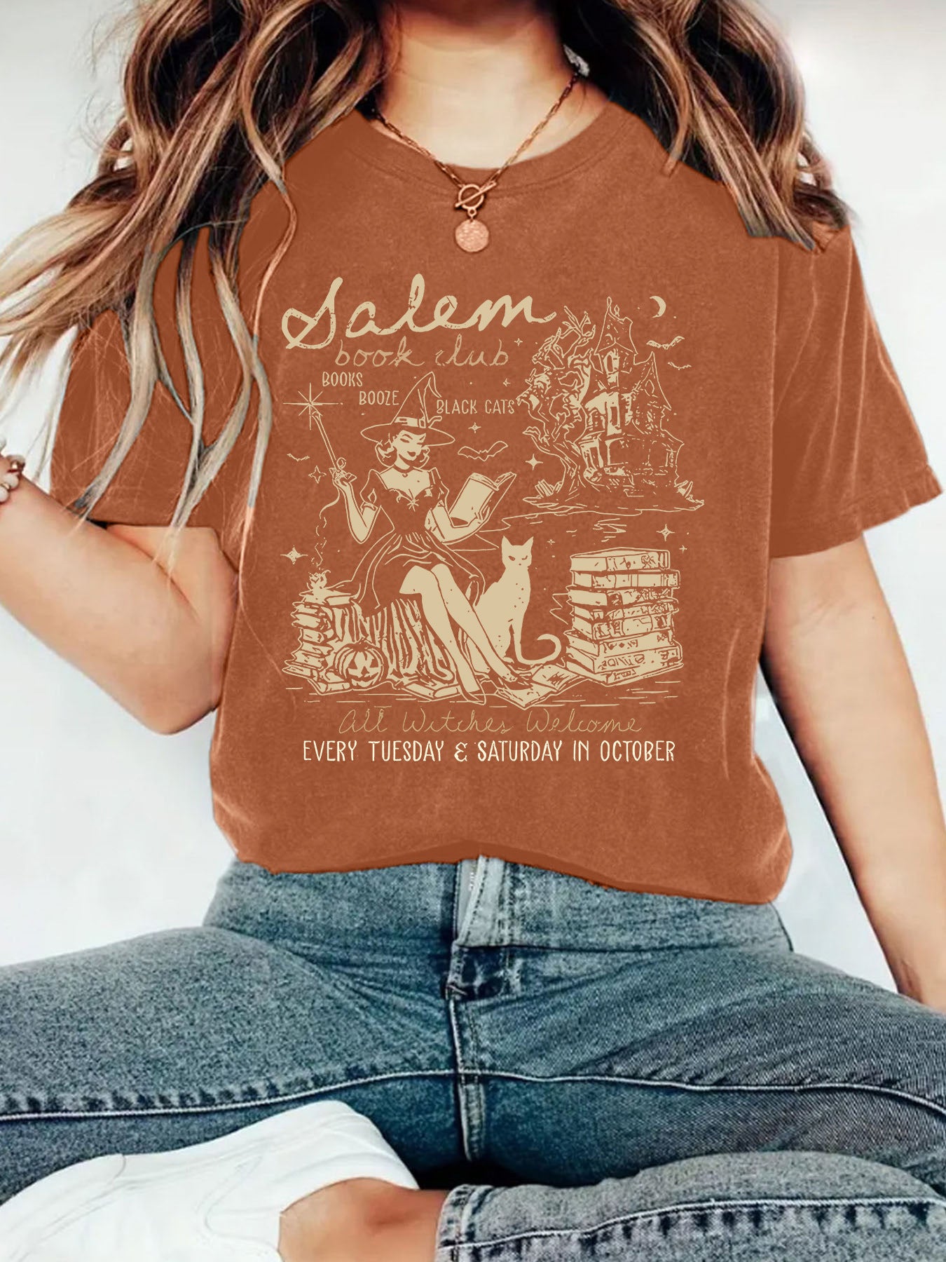Women's Summer Salem Witch Pattern Halloween Printed Round Neck Women's T-shirt
