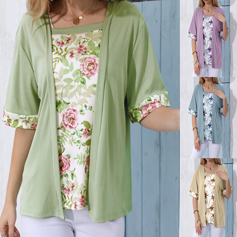 Women's Solid Color Printing Stitching Faux Two-piece Women's T-shirt