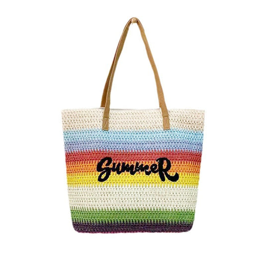 Women's Straw Shopping Striped Letters Beach Shoulder Bags