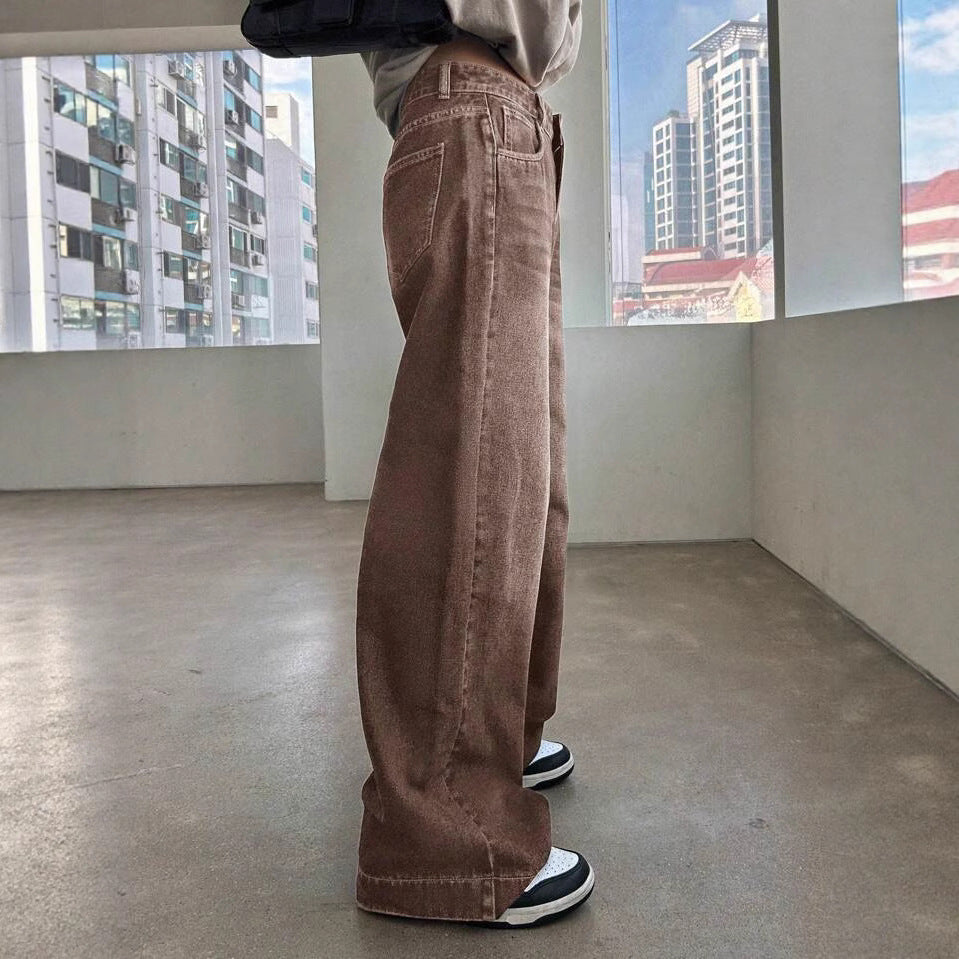 Women's High Waist Straight Coffee Color Washed Jeans