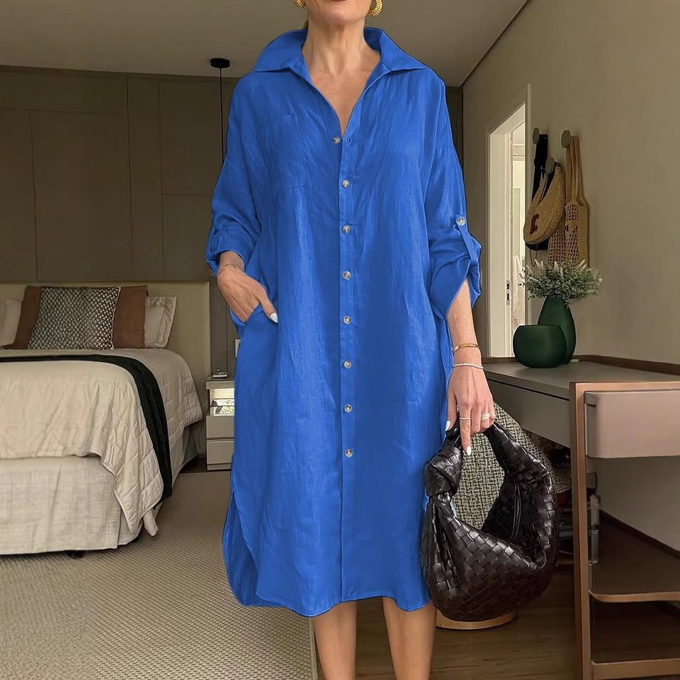 Women's Cotton Linen Shirtdress Fashion Casual Long Dress