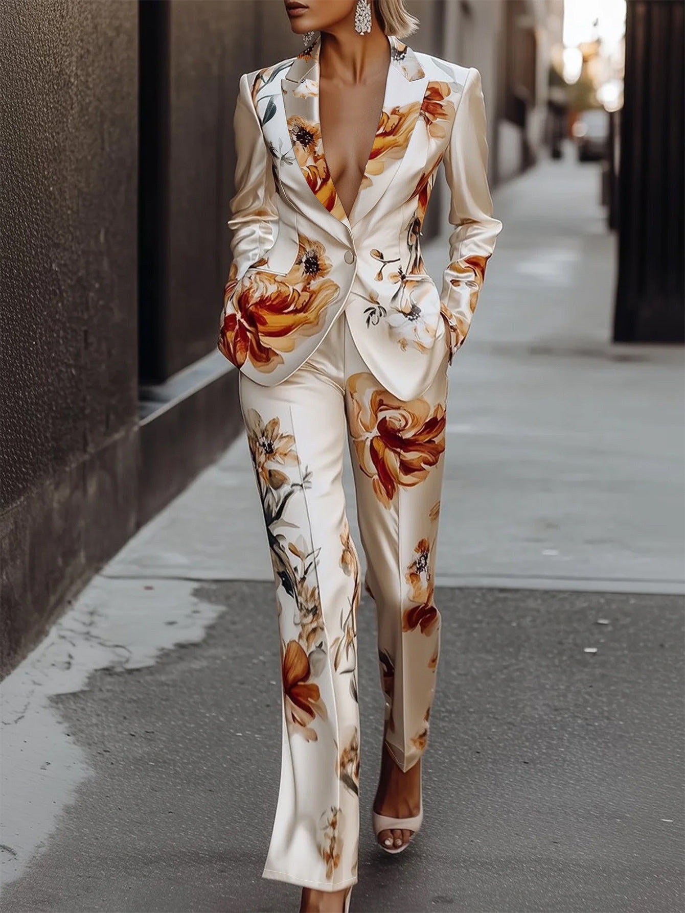 Fashion Printing Satin Long Sleeve Two-piece Suits