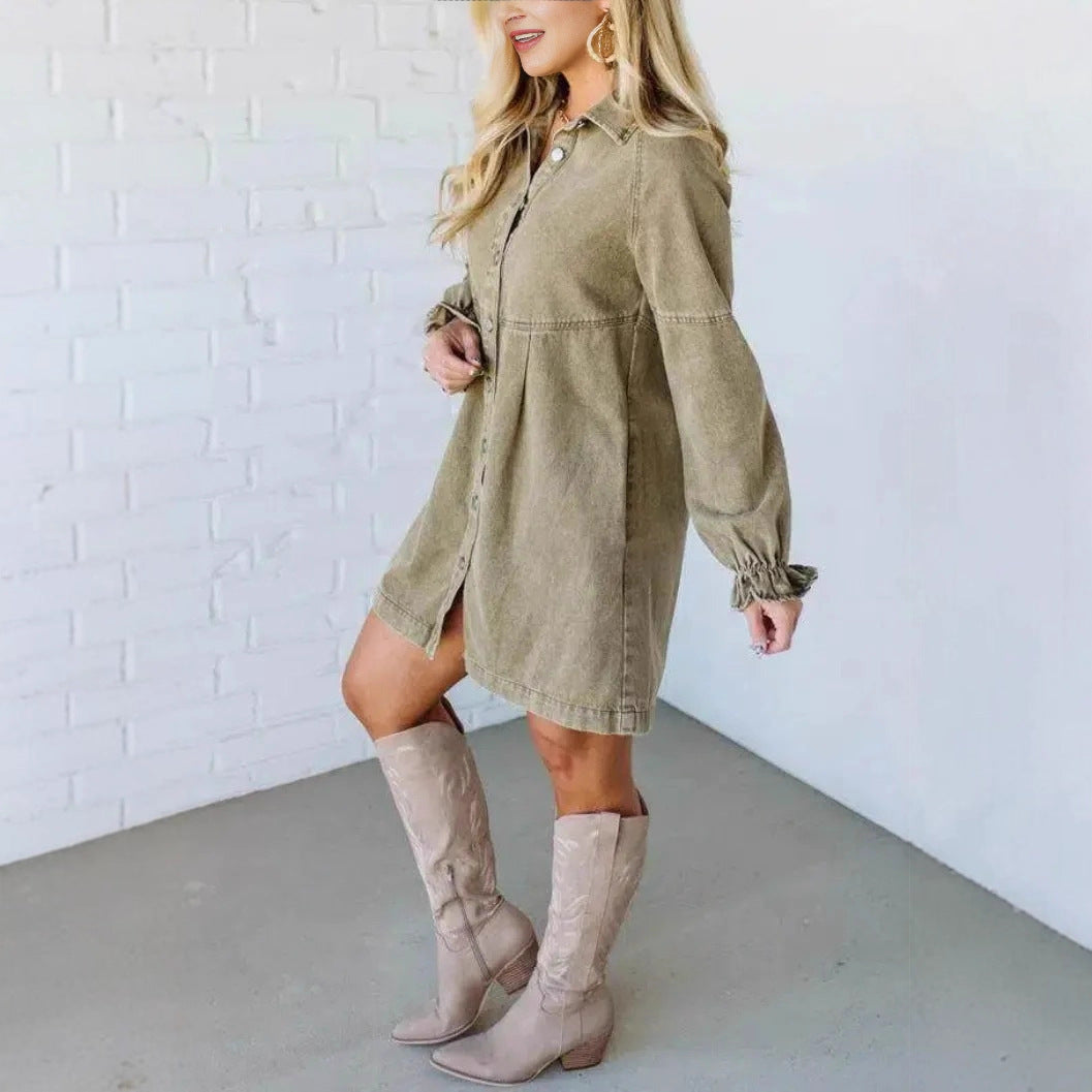 Women's Denim Button Lotus Leaf Long Sleeve Loose Dresses