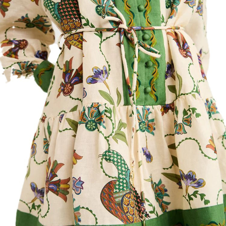 Single-breasted Long Lantern Sleeve Iti Printing Dress