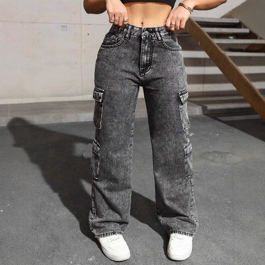 Women's Blue Little Washed Irregular Cargo Jeans