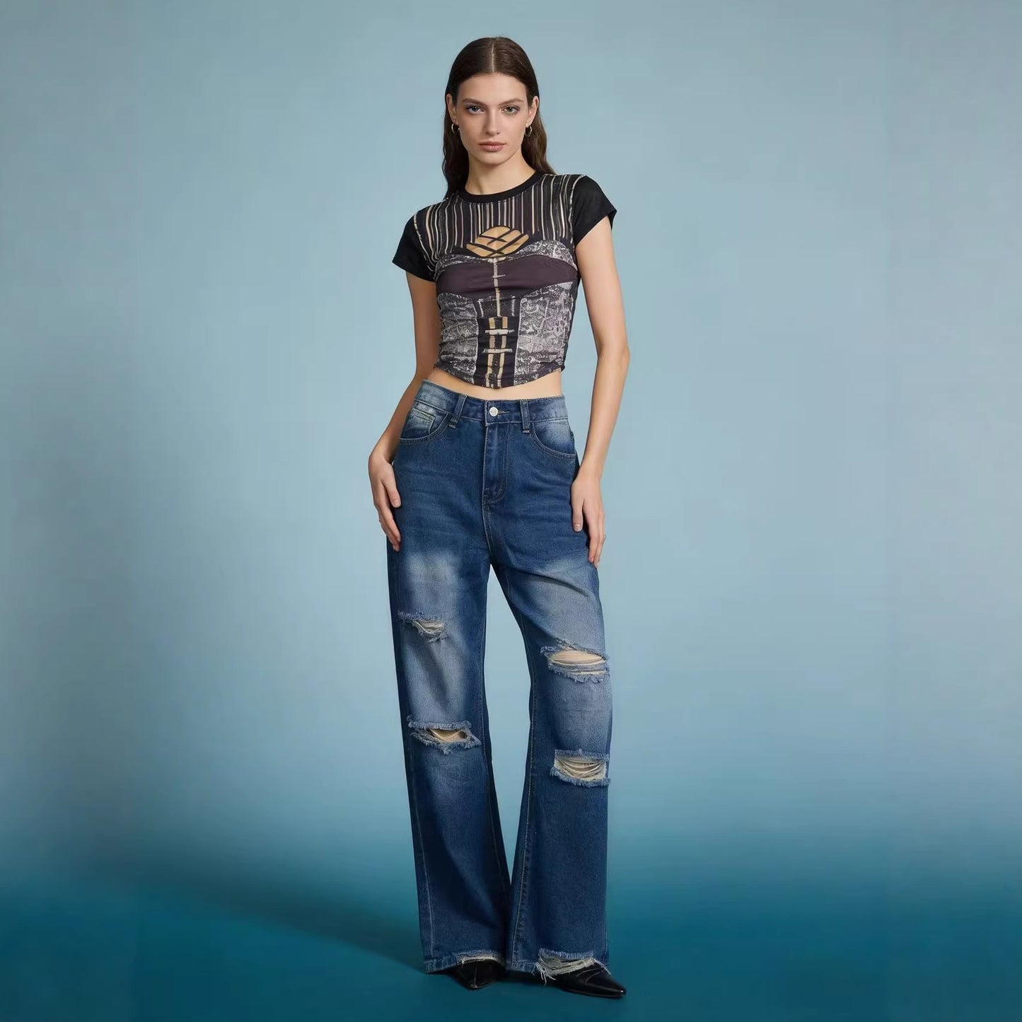 Women's Tassel Water Washed Hole Long Straight Women's Jeans
