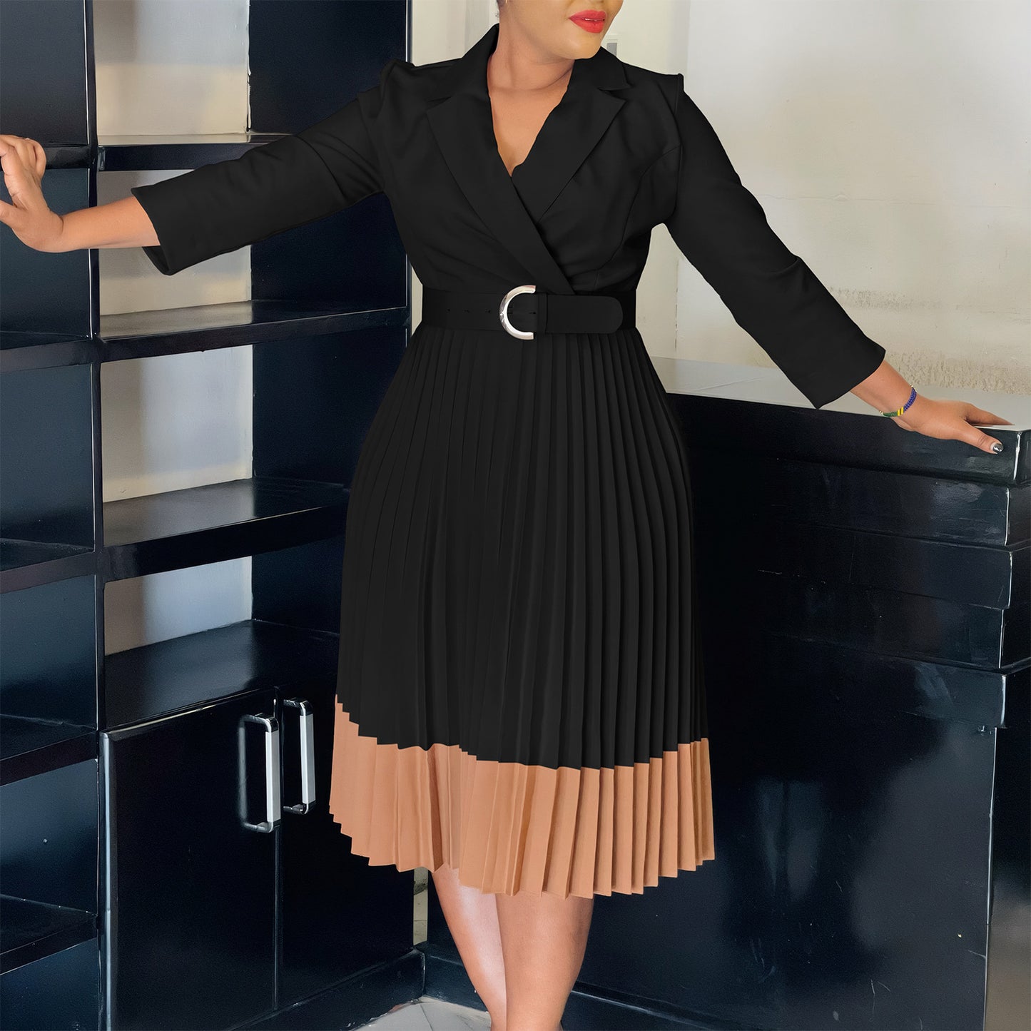 Women's Spring Collar Fashion Elegant Pleated High Dress