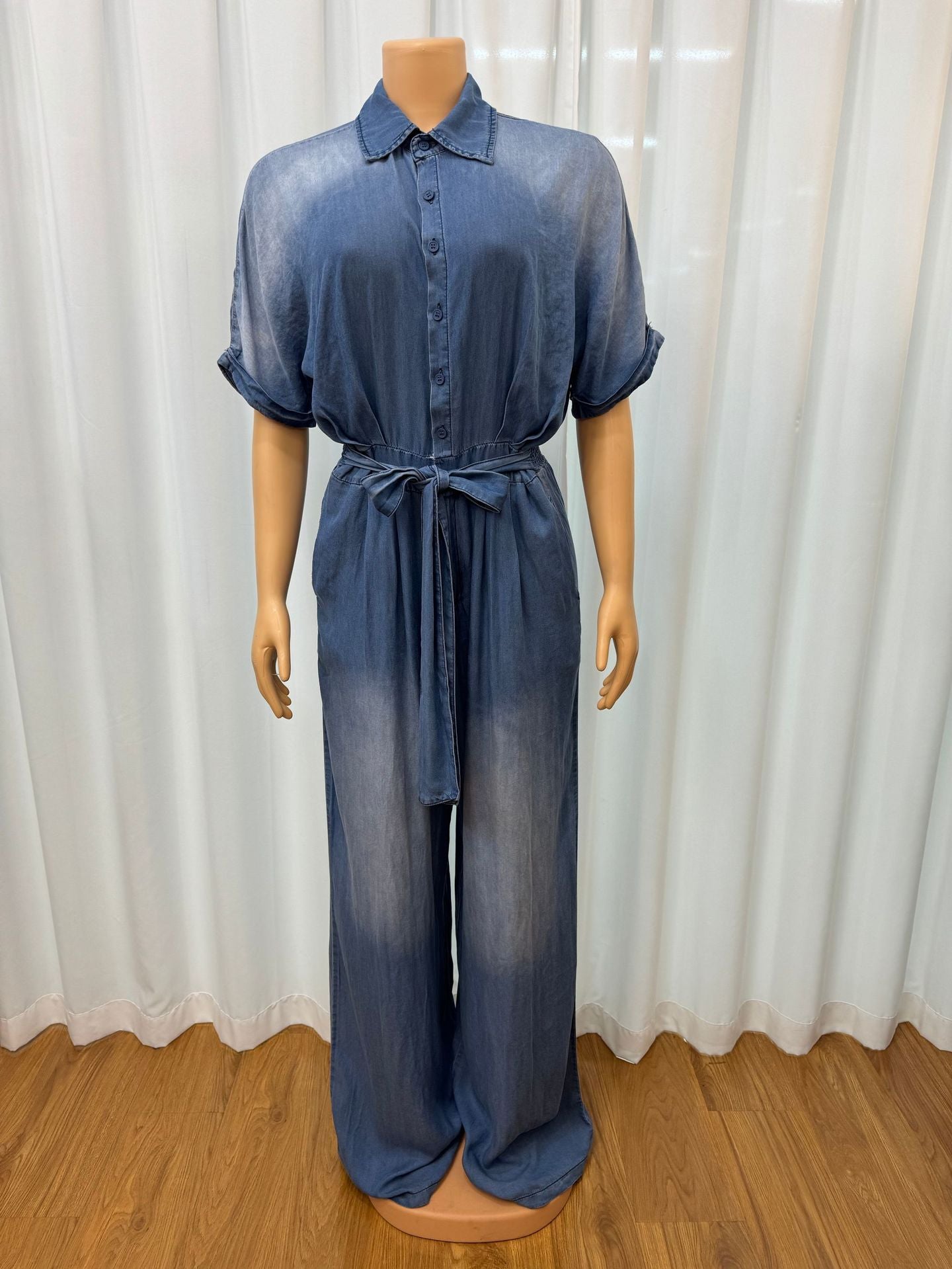 Women's Fashion Wear Turn-down Collar Short-sleeved Loose Jumpsuits