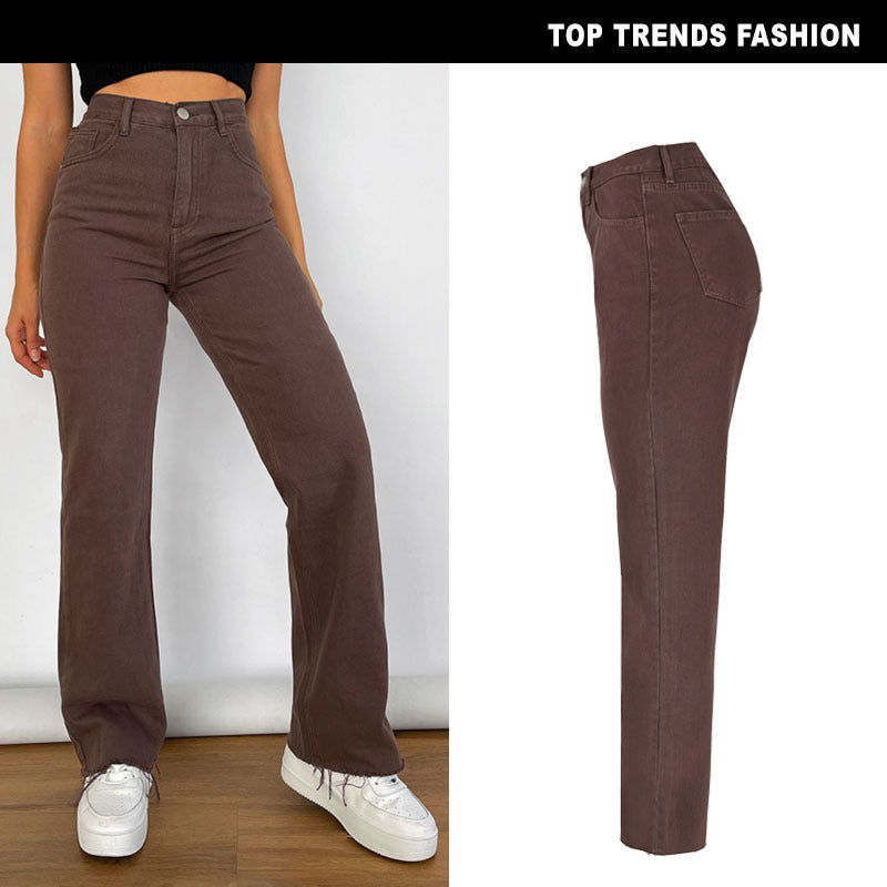 Women's Loose Chocolate Denim Trousers Draping Retro Jeans