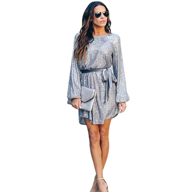 Women's Autumn Lantern Sleeve Round Neck Belt Dresses