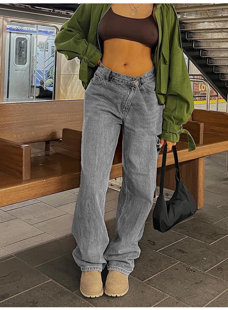 Women's Fashionable Oblique Waist Low Loose Hole Women's Jeans