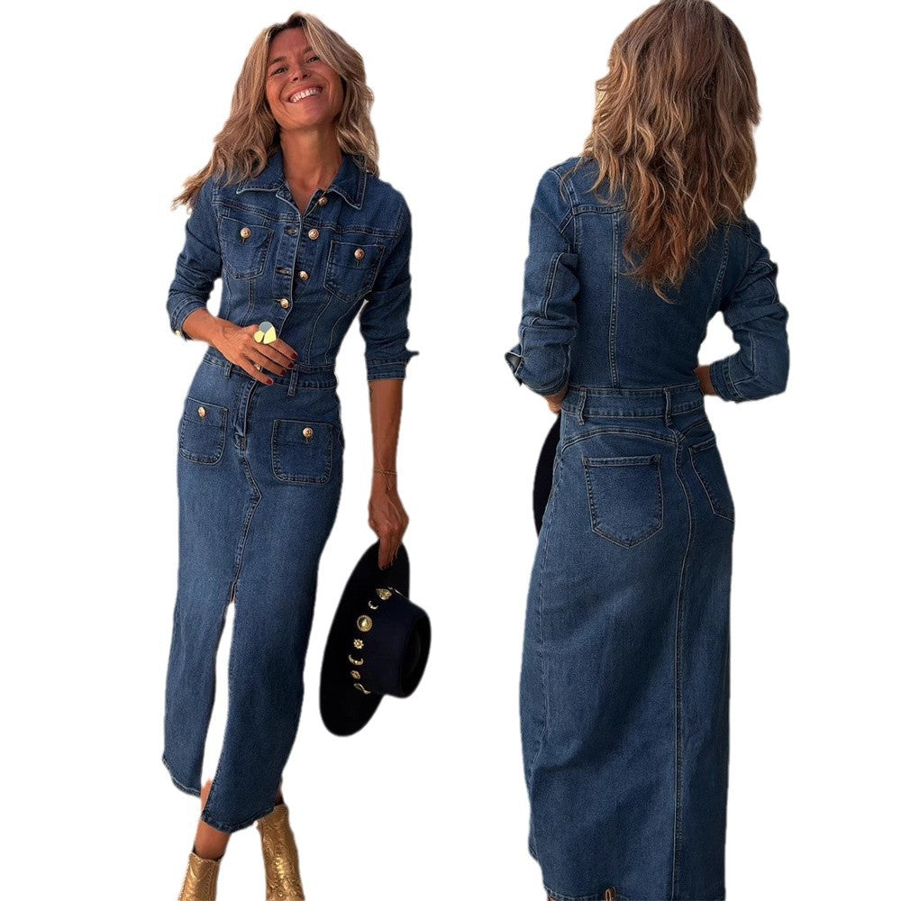Fashion Casual Long Sleeve Denim Mid-length Dresses