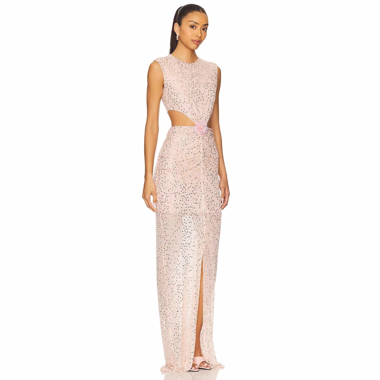 Rhinestone Sleeveless Midriff Outfit Flower Decoration Dresses