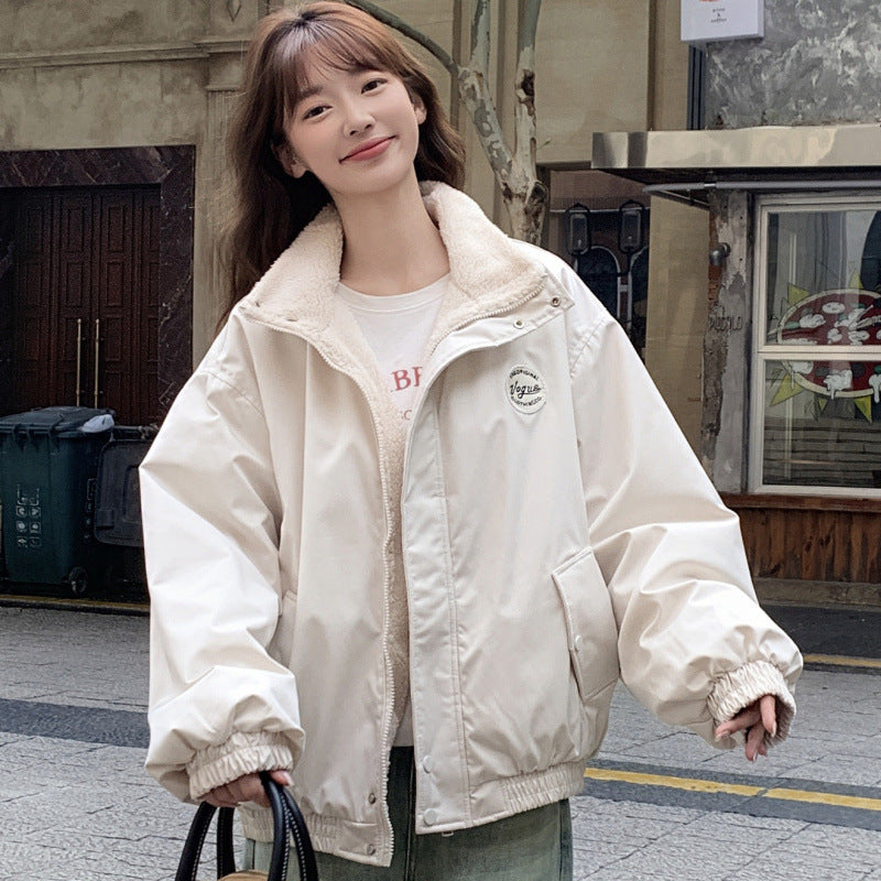 Women's Style Badge Stand Collar Loose Slimming Veet Padded Coats