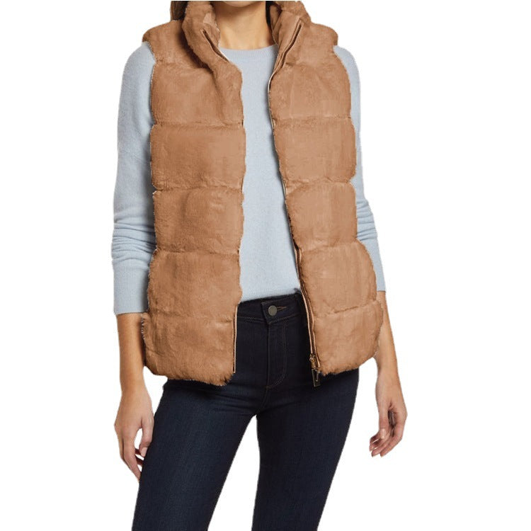 Women's Large Solid Color Stand Collar Plush Imitation Women's Vest