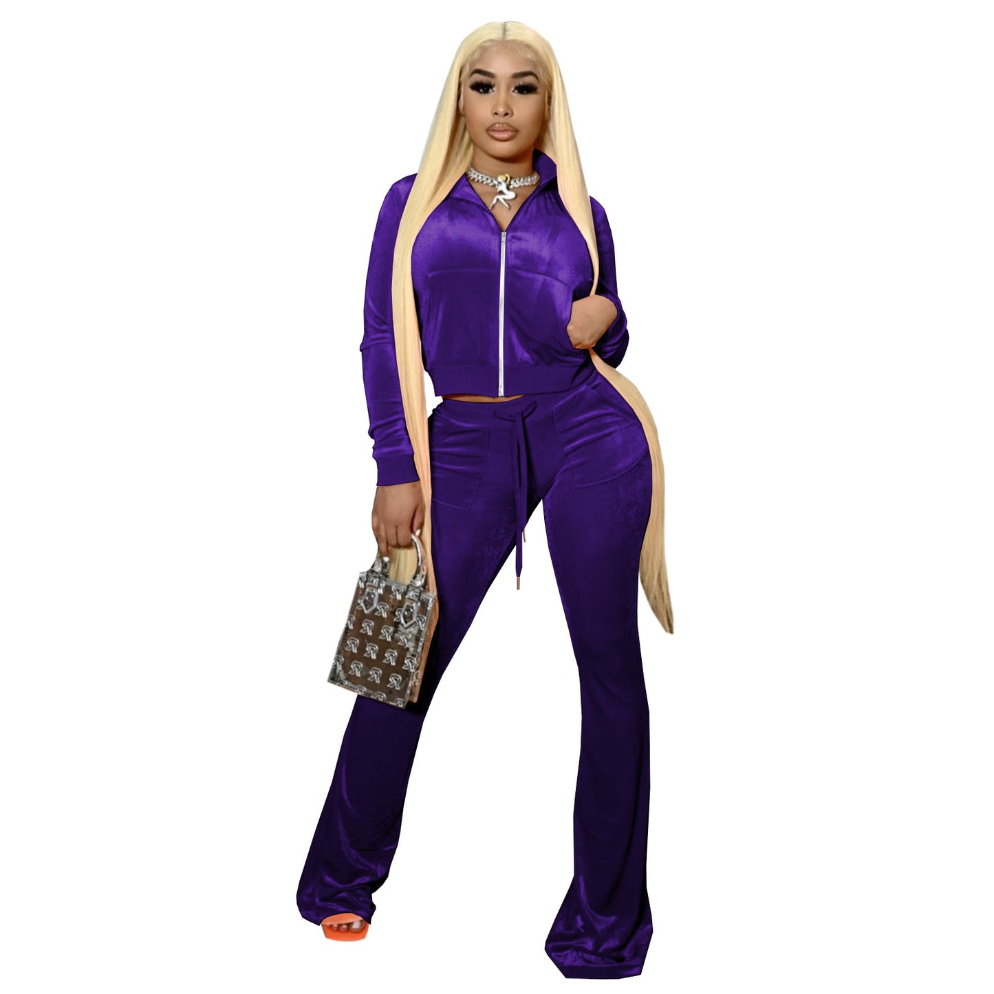 Women's Fashion Veet Solid Color Long Sleeve Bell-bottom Suits