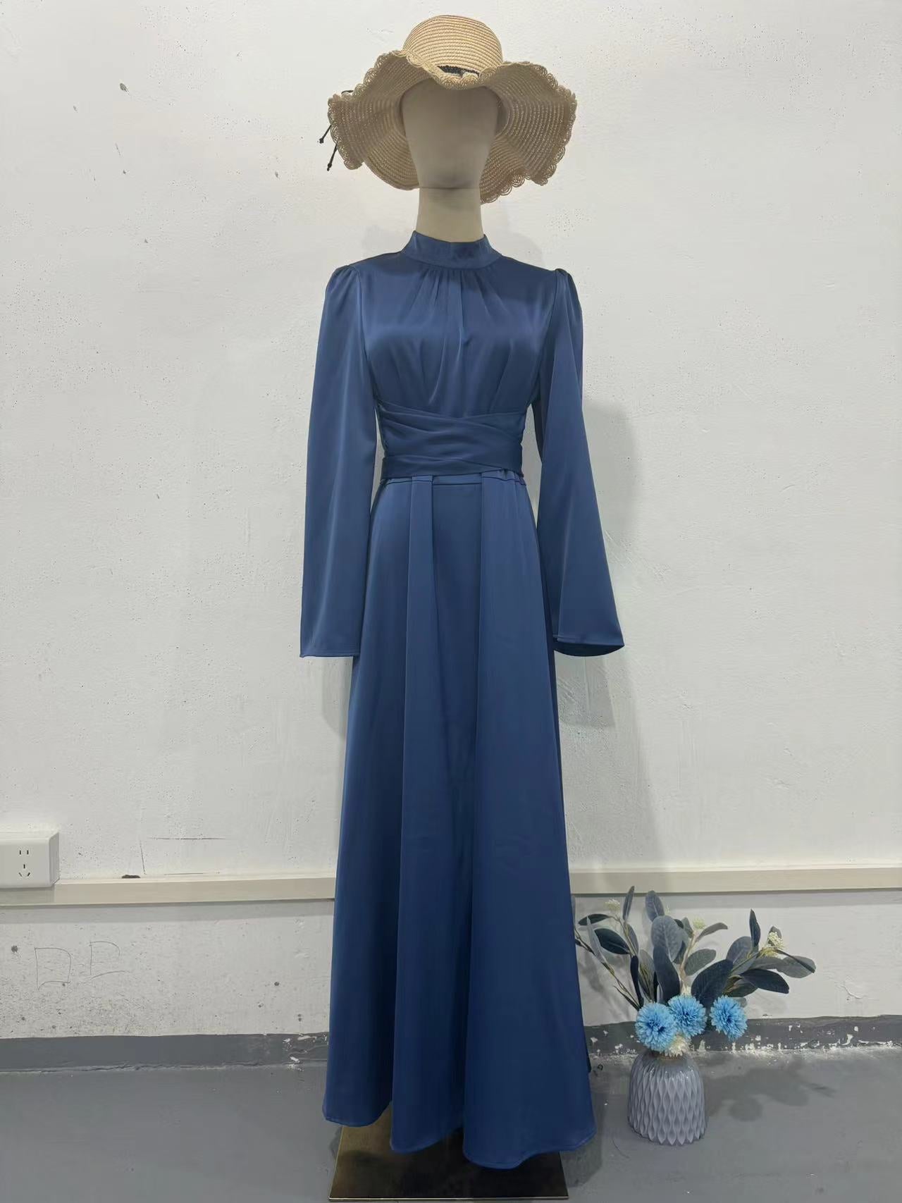 Spring Solid Color Satin Princess Style Waist Dresses