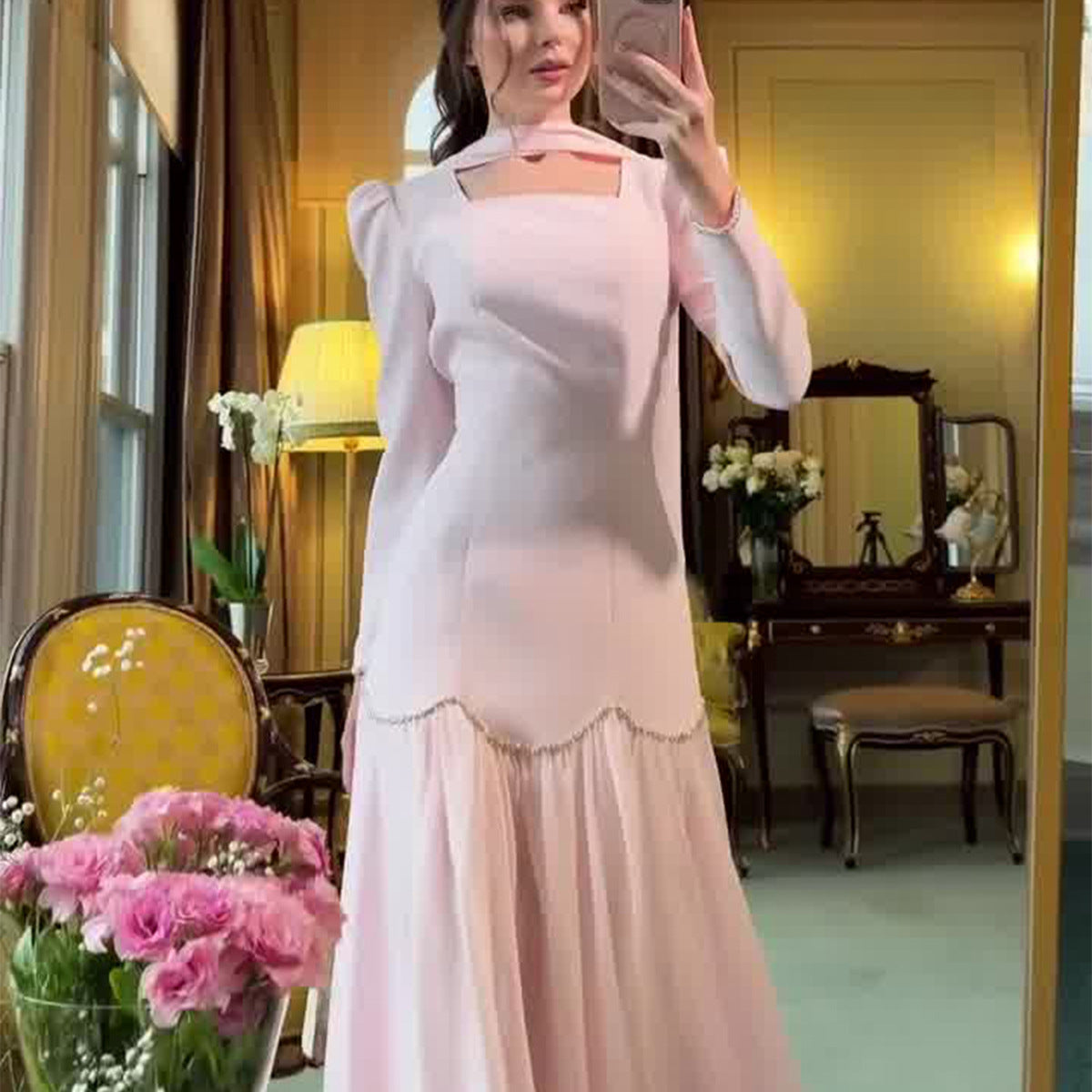 Diamond Studded Hand Ribbon Design Long Dresses