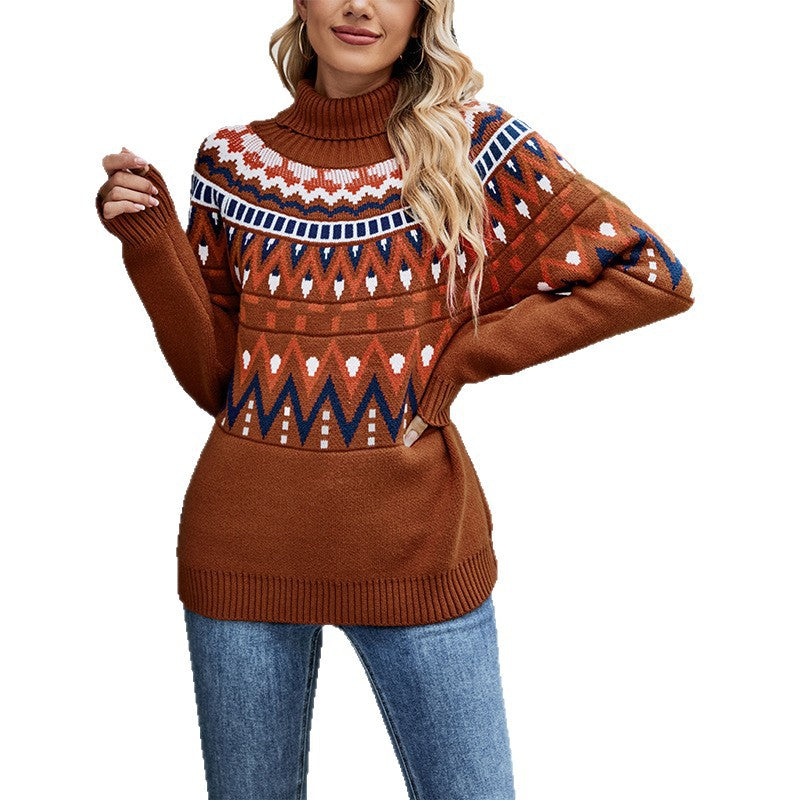Women's Retro Patchwork Contrast Color High Collar Sweaters